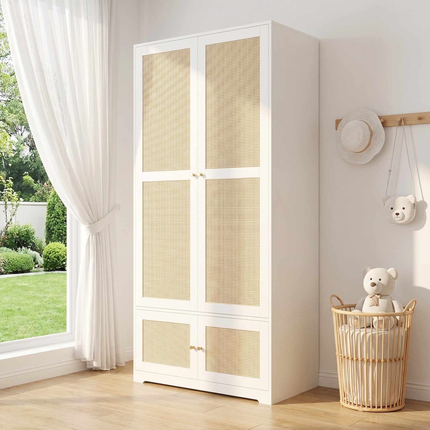 Clruro Kledingkast - 90×48×180 cm - Rotan Deuren - Kledingroede - MDF - Wit