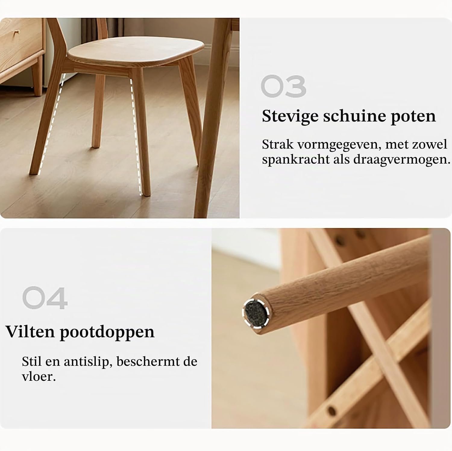 Set van 4 Massief Houten Eetkamerstoelen Eikenlook met Gebogen Ergonomische Rugleuning, Stevige Houten Poten, Antislip Vloerdoppen, Moderne Keukenstoelen Zonder Armleuningen voor Eetkamer, Woonkamer, Slaapkamer en Balkon, 55 x 50 x 78 cm, Houtkleur