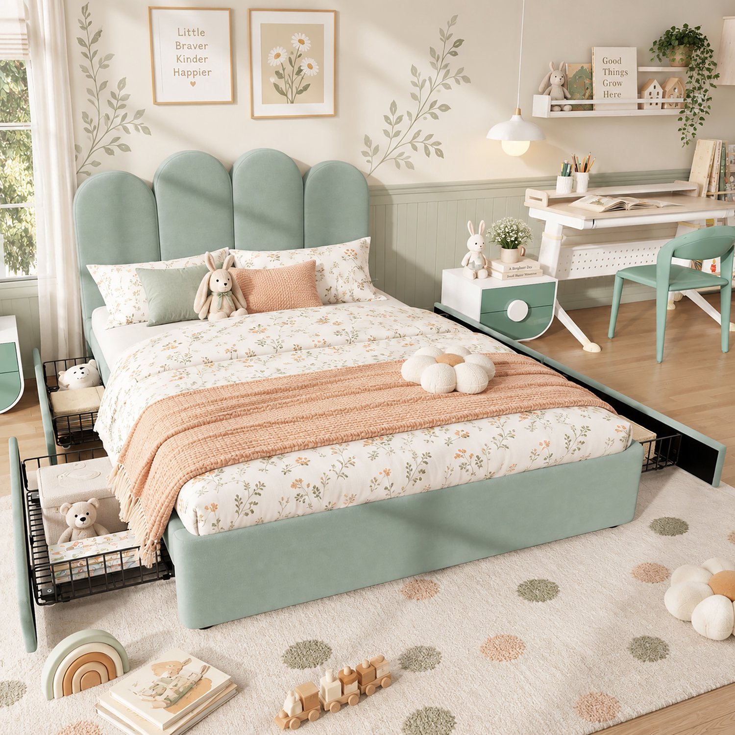 MIVRAY Gestoffeerd Bed 140x200 cm - Tweepersoonsbed met Vier Opberglades - Gebogen Hoofdbord - Zonder Matras - Fluweel - Lichtgroen