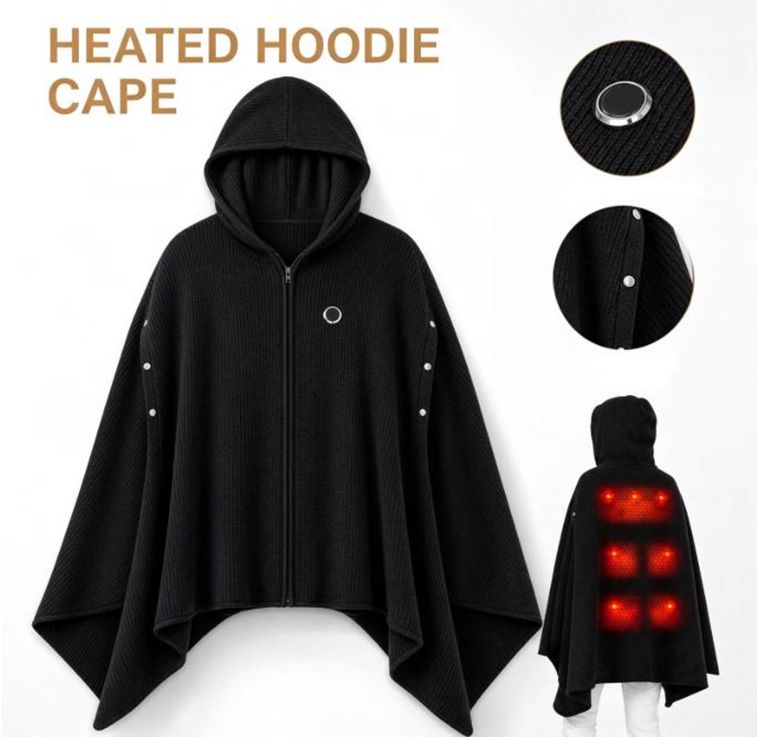 Verwarmde Hoodie Deken - 3 Standen - Warmtedeken - Verwarmde Hoodie Dames en Heren - USB-oplaadbaar - Cape-Warmtedeken Oplaadbaar -Kan verwarmd worden met mobiele stroom - voor kantoor, bank, reizen en kamperen - zwart – foto 5