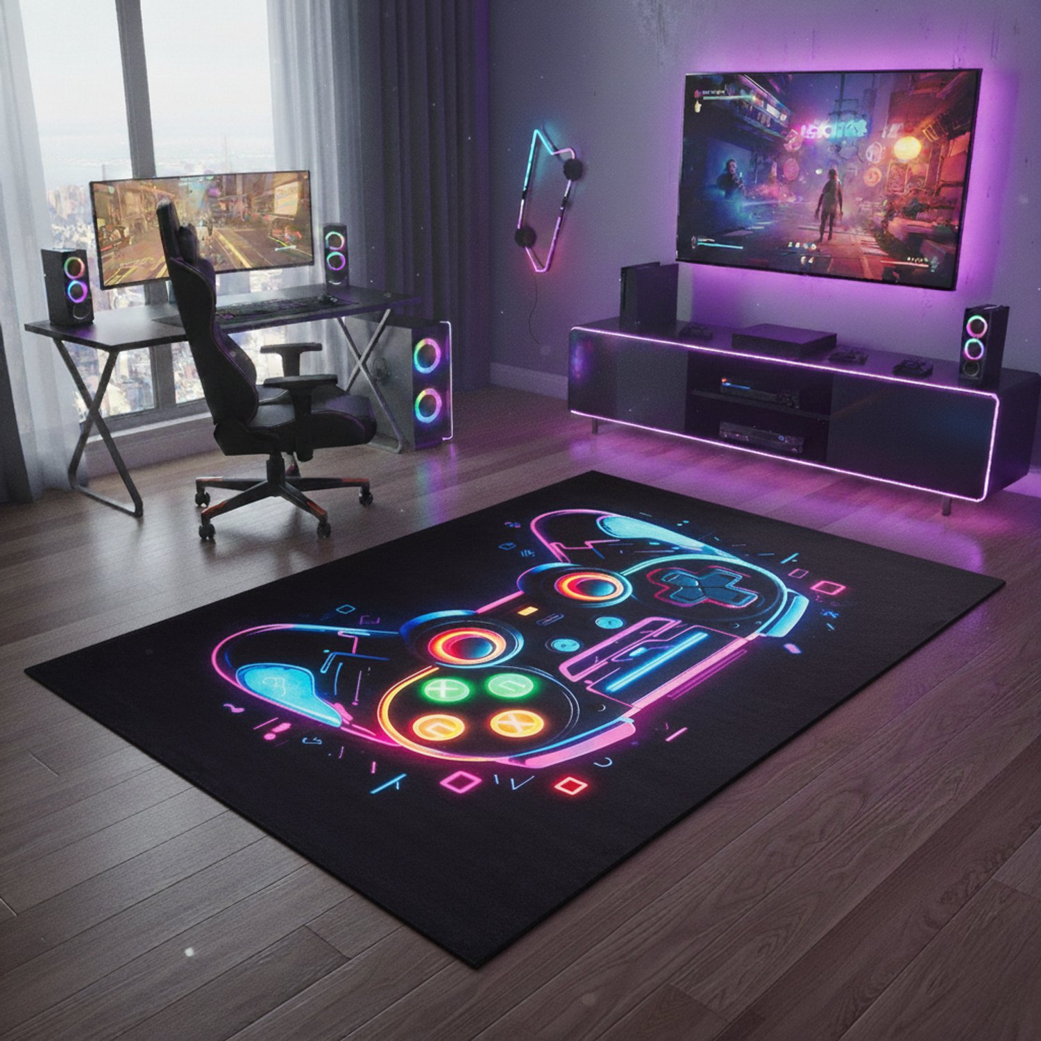 Tapiso COSMO GAME Gamer Vloerkleed Gaming Tapijt met Neon Controller Kinderkamer & Jeugdkamer Decor Rutschvast, Modern Laagpolig Kleed Antislip Licht te Reinigen- 120x170 Zwart Blauw 2