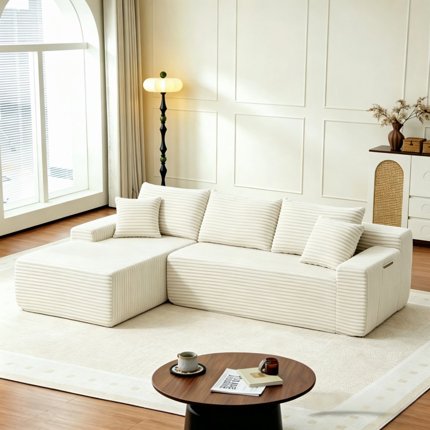 OKWISH Hoekbank 239 x 156 x 79 cm - Modulaire Linkerhoek met Breed Zitvlak - Woonkamer en Slaapkamer - Ribstof - Beige