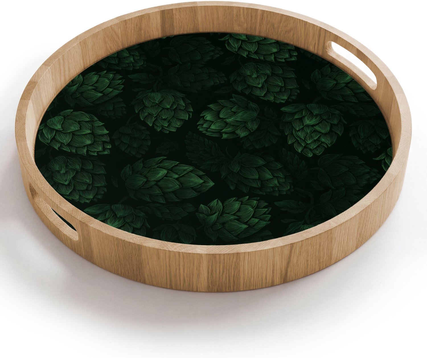Dienblad rond 40x40 cm - Schootdienblad hout - Donker - Groen - Hopbellen - Botanisch - Illustratie - Borrelplank rechthoek - Plateau houten dienbladen