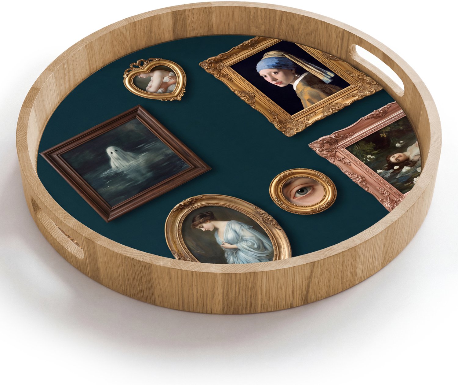 Dienblad rond 40x40 cm - Schootdienblad hout - Kunst - Schilderijen - Decoratie - Klassiek - Groen - Borrelplank rechthoek - Plateau houten dienbladen