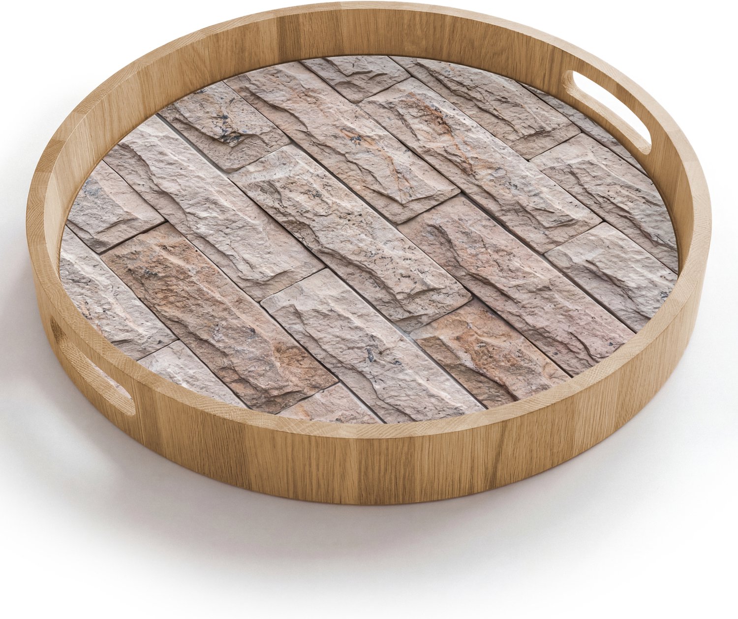 Dienblad rond 40x40 cm - Schootdienblad hout - Muur - Steen - Ruw - Beige - Textuur - Borrelplank rechthoek - Plateau houten dienbladen