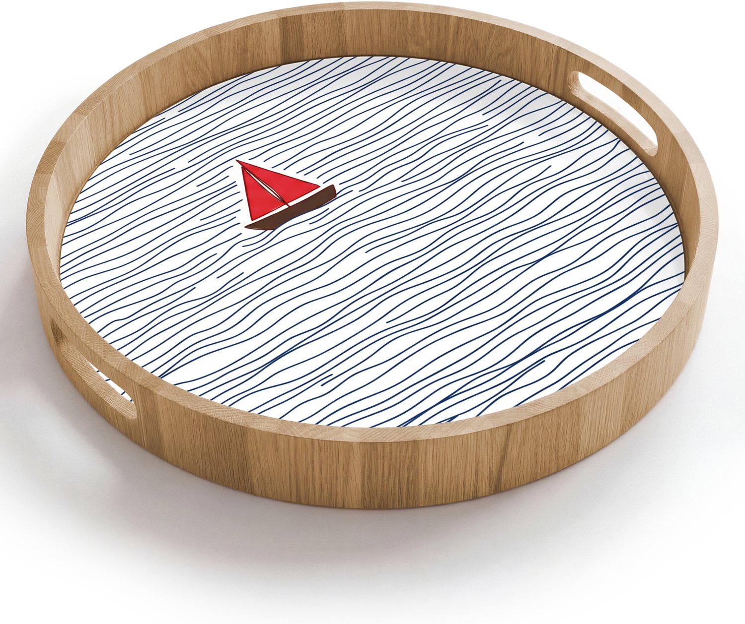Dienblad rond 40x40 cm - Schootdienblad hout - Boot - Water - Rood - Illustratie - Minimalistisch - Borrelplank rechthoek - Plateau houten dienbladen