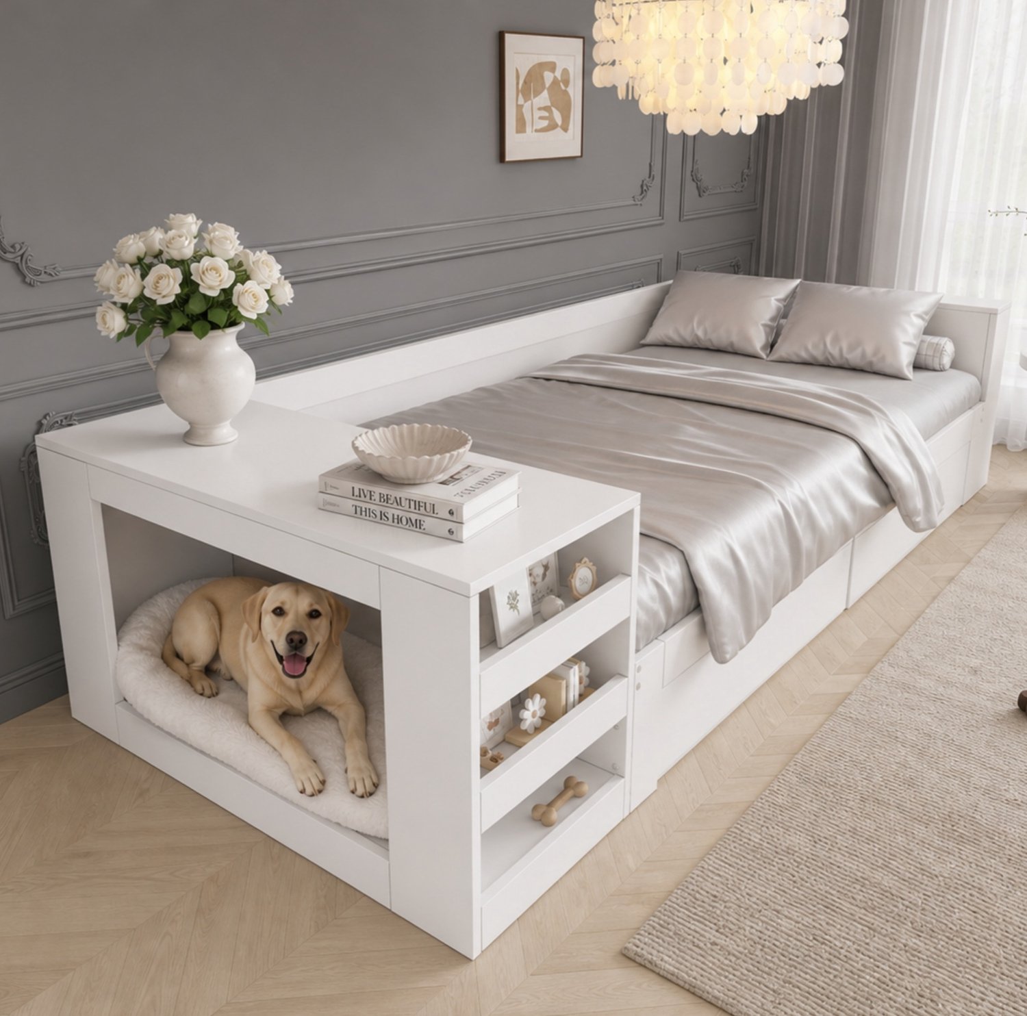 OKWISH Eenpersoonsbed 90 x 200 cm - Met Rustplek voor Huisdieren - Houten Lattenbodem - Twee Lades en Opbergruimte - Hout en MDF - Zonder matras - Wit