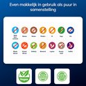 Iconen die aangeven dat het product vegan, suikervrij en zoutvrij is, en geen melk, gluten, noten, pinda's, ei, soja, vis, weekdieren, schaaldieren, selderij, mosterd, lupine, sesam of sulfiet bevat.