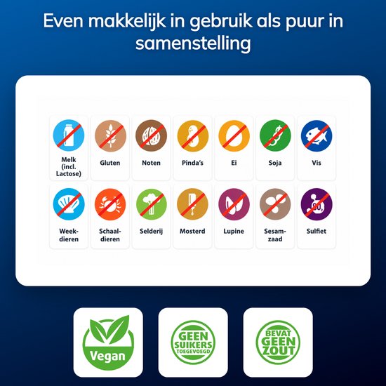 Iconen die aangeven dat het product vegan, suikervrij en zoutvrij is, en geen melk, gluten, noten, pinda's, ei, soja, vis, weekdieren, schaaldieren, selderij, mosterd, lupine, sesam of sulfiet bevat.