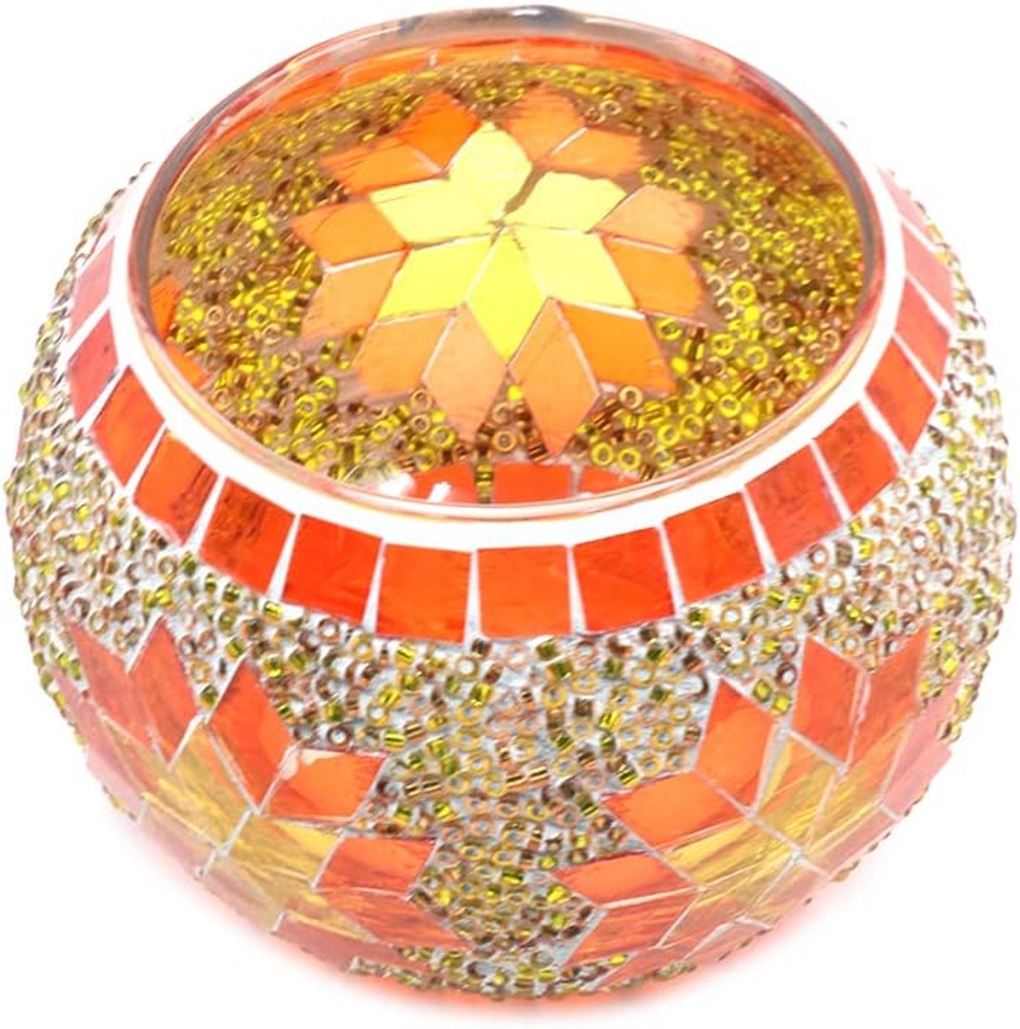 Kaarsenhouder ronde glas - handgemaakt oranje - mozaïek sneeuwvlok - sfeervol tafeldecoratie - ShopVlot