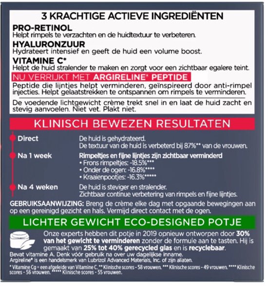 Informatiepagina over L'Oréal Revitalift Laser dagcrème, met drie krachtige ingrediënten: Pro-Retinol, Hyaluronzuur en Vitamine C+ Argireline Peptide. Bevat klinisch bewezen resultaten.