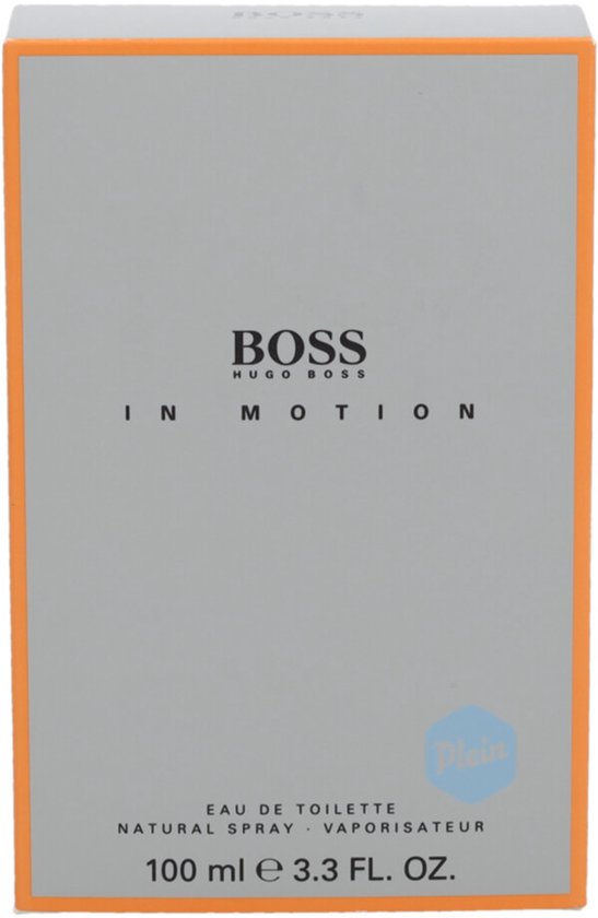 Oranje kartonnen doosje voor Hugo Boss In Motion Eau de Toilette 100 ml.