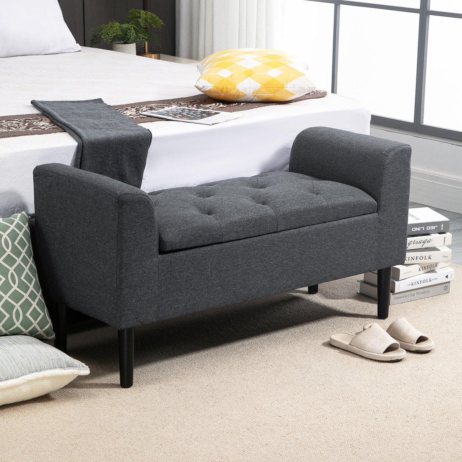 DESMIU Zitbank 116 x 44 x 58 cm - Opklapbare Zitting Met Opbergruimte - Voor Hal, Woonkamer En Onder Het Raam - Polyester Donkergrijs