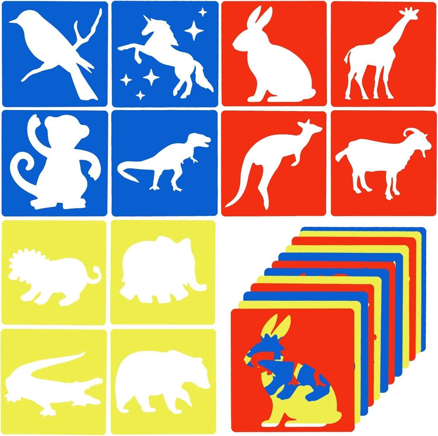 Dieren sjablonen set voor kinderen, groot formaat 20.3 x 20.3 cm, 12 stuks, geschikt voor 4-8 jaar, inclusief dinosaurussen en apen