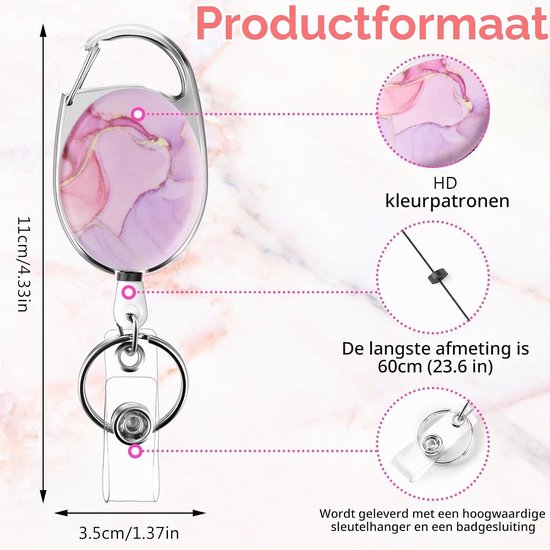Dubbelzijdige Badge Reel met Kleurafdruk, Marmerpatroon Sleutelhanger en Duurzame Nylon Koord (Roze Marmer) - Ideaal voor Werk en Evenementen — afbeelding 5