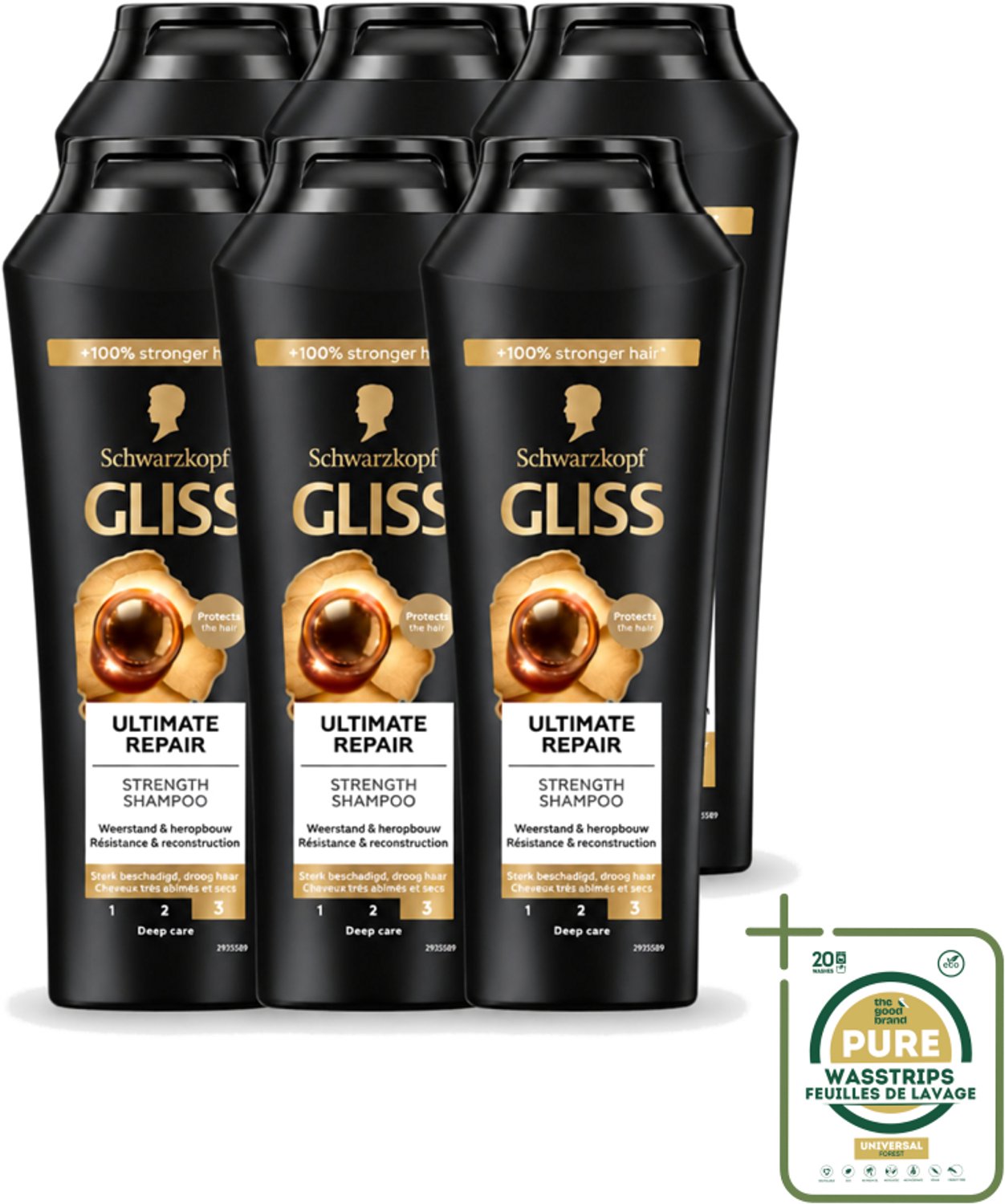 6 x Gliss - Shampoo - Ultimate Repair - Voor Intensief Herstel - 250 ml - Wasstrips - Herstel Haar - Beschadigd Haar - Droog Haar - Haarbreuk - Keratine Shampoo