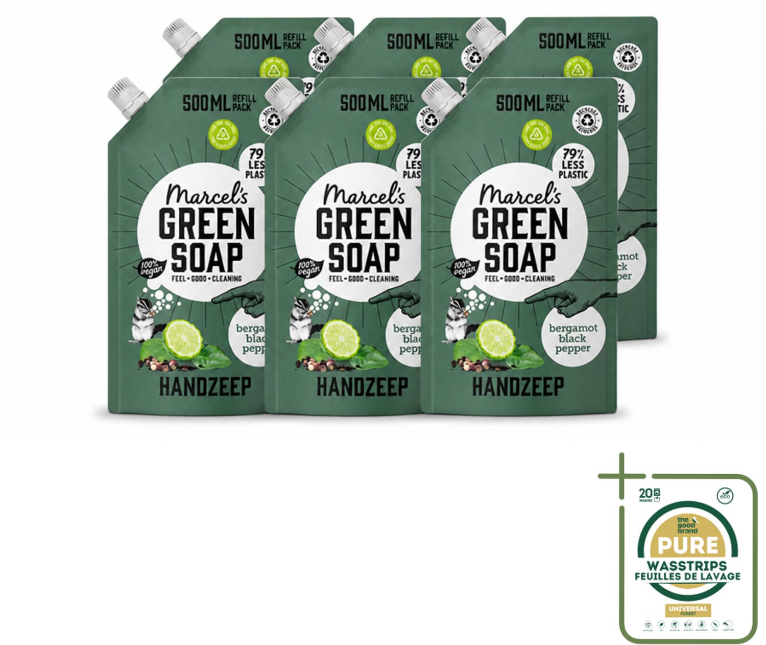 6 x Marcel's Green Soap - Handzeep - Bergamot & Black Pepper - Natuurlijke verzorging - 500 ml - Wasstrips - Handzeep Bergamot En Zwarte Peper - Natuurlijke Handzeep - Biologische Handzeep - Handzeep Navulling - Handzeep Met Geur