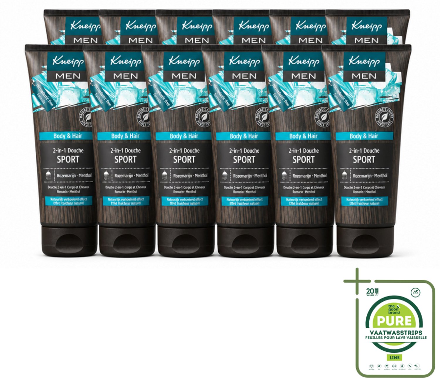 12 x Kneipp - Sport Douche 2‑in‑1 - Men - 200 ml - Grootverpakking - Vaatwasstrips - Sportdouche - Herstel Na Sporten - Verkoeling - Ontspanning - Menthol