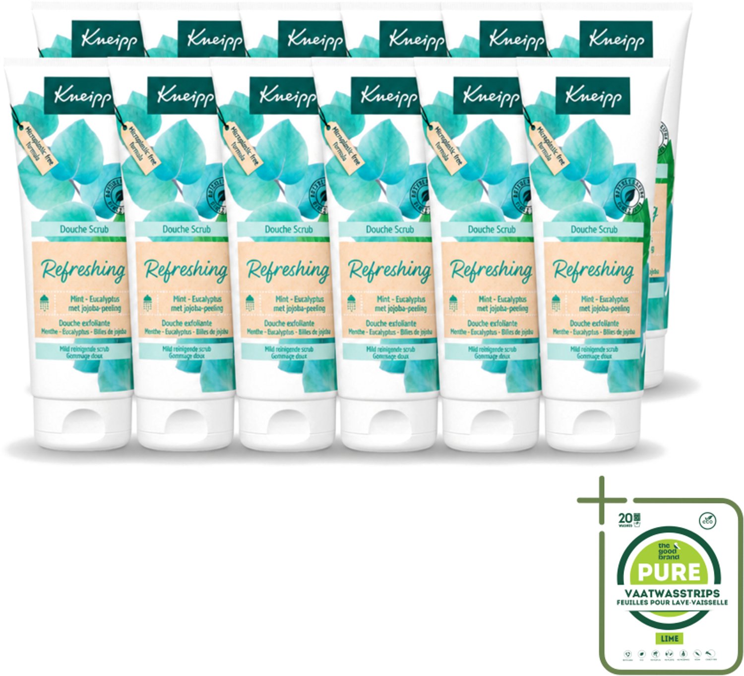 12 x Kneipp - Douche scrub - Refreshing - Mint & Eucalyptus - 200 ml - Grootverpakking - Vaatwasstrips - Douche Scrub - Verfrissende Douche - Huid Verzorging - Exfoliatie - Jojoba Scrub