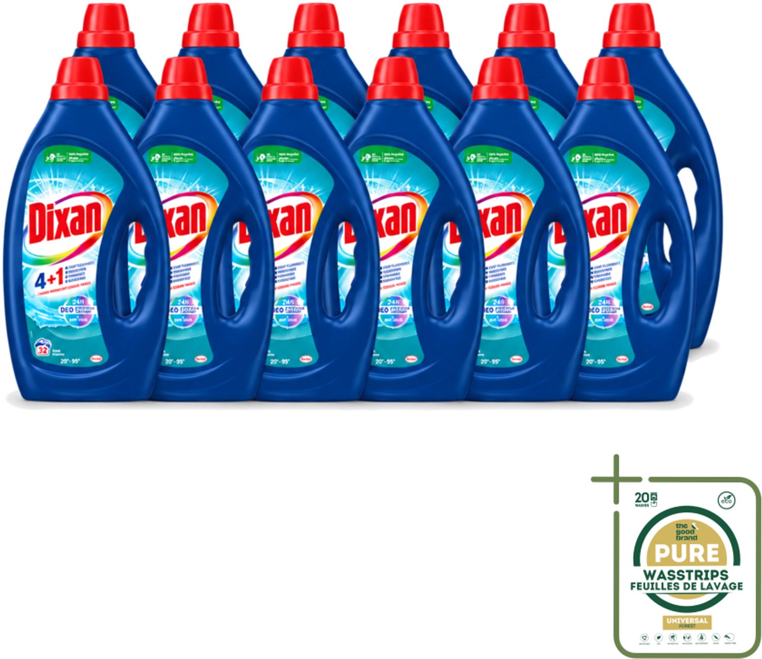 12 x Dixan - Vloeibaar wasmiddel - Fresh Blue - 32 wasbeurten - Wasstrips - Wasmiddel - Frisheid - Vlekverwijdering - Anti-geur - Wasbeurt