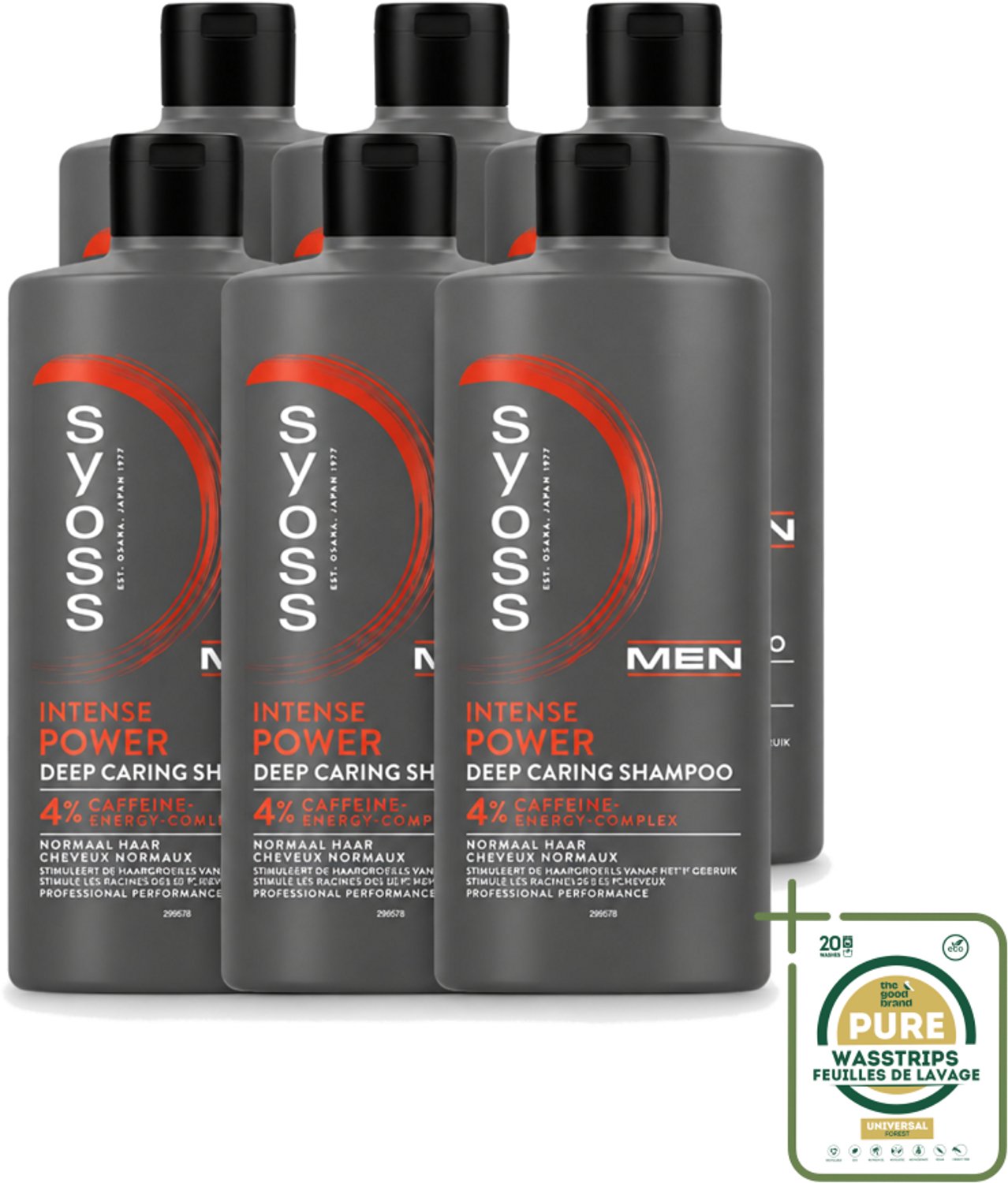 6 x SYOSS - Men Power - Shampoo - Langdurige Styling - 440ml - Wasstrips - Mannelijk Haarverzorging - Krachtig Haar - Haar Stimulatie - Cafeïne Shampoo - Haargroei