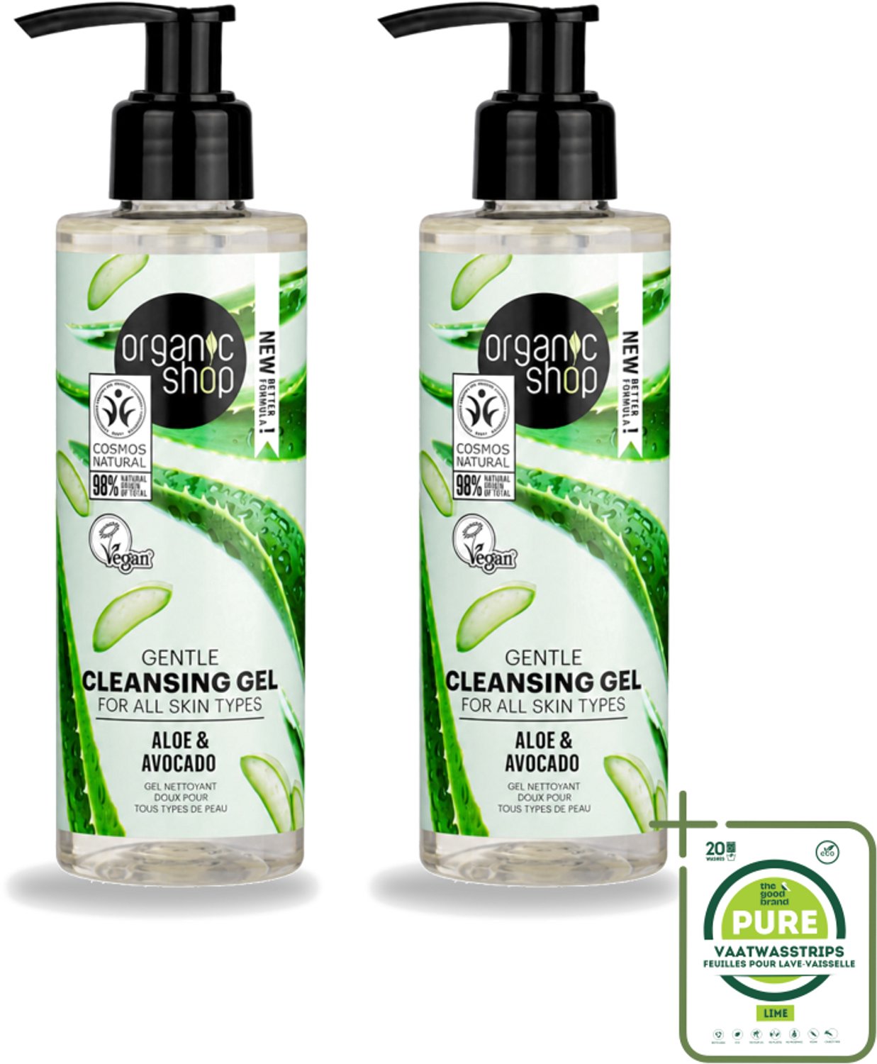 2 x Organic Shop - Cleansing Gel Avocado & Aloe - Verfrissend en Hydraterend - 200 ml - Grootverpakking - Vaatwasstrips - Gezichtsreiniger - Natuurlijke Reiniging - Avocado-olie - Aloë-extract - Hydraterende Gel