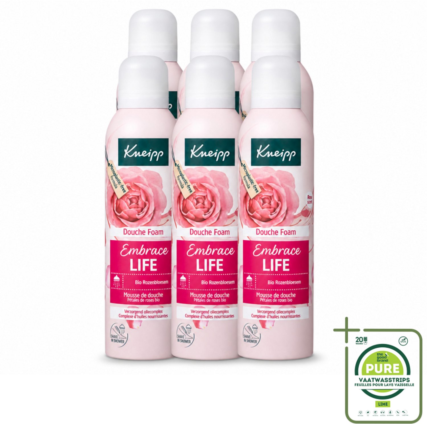 6 x Kneipp - Douche schuim - Embrace Life - Anti‑Aging verzorging - 200 ml - Grootverpakking - Vaatwasstrips - Douche Foam - Roze Schuim - Vrouwelijke Geur - Hydratatie - Huid Verzorging