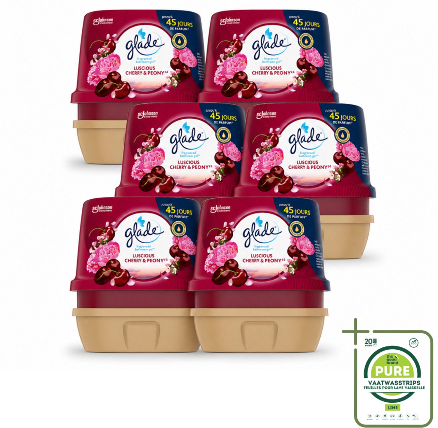 6 x Glade - Badkamer Gel - Luscious Kers & Pioenroos - 180 g - Grootverpakking - Vaatwasstrips - Geur Gel Badkamer - Bloemige Geur - Frisse Geur - Kersen En Pioenrozen - Geur In Huis