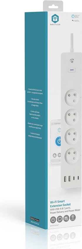 Doos van Nedis SmartLife WiFi Smart Extension Socket met 4 stopcontacten, 2 USB-A en 2 USB-C poorten, wit.