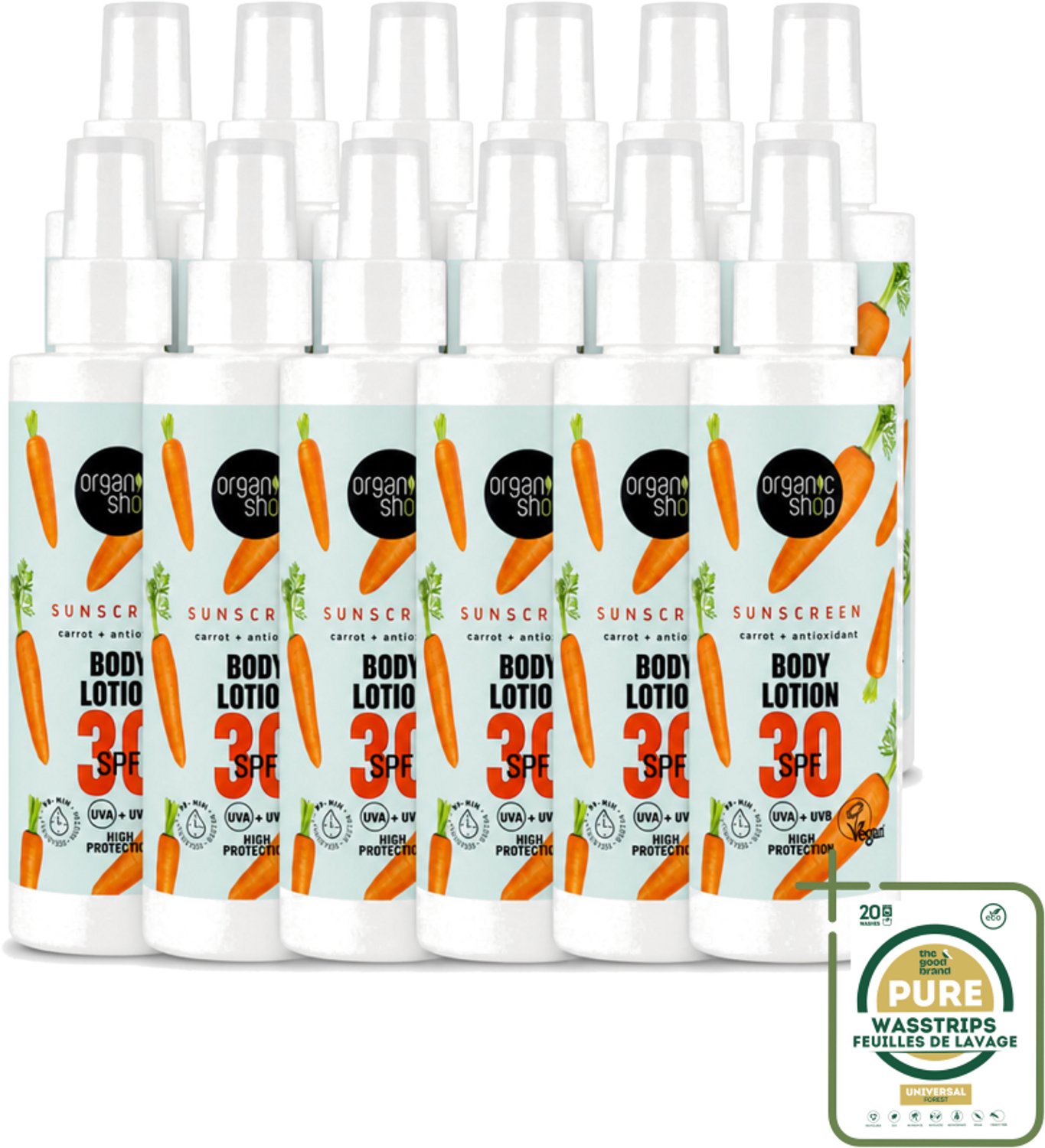 12 x Organic Shop - Zonnebrandcrème SPF 30 - Bescherming tegen de Zon - 150 ml - Wasstrips - Zonbescherming - Zonnebrandcrème - SPF 30 - Natuurlijke Zonbescherming - Antioxidanten