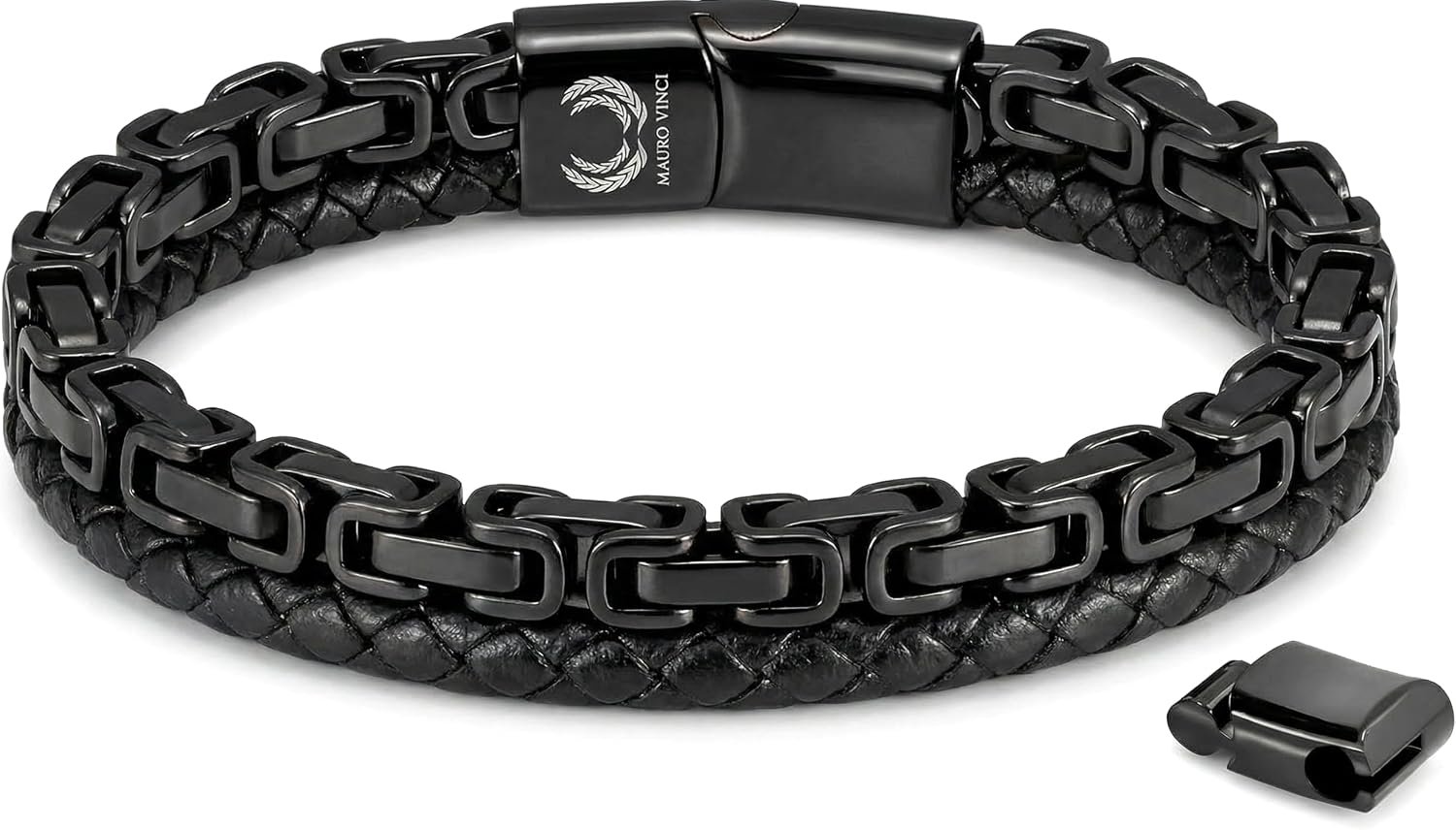 Zwarte herenarmband van leer/zwarte schakelarmband van staal Virto, verstelbaar van 19,5 cm tot 21 cm, inclusief elegante verpakking