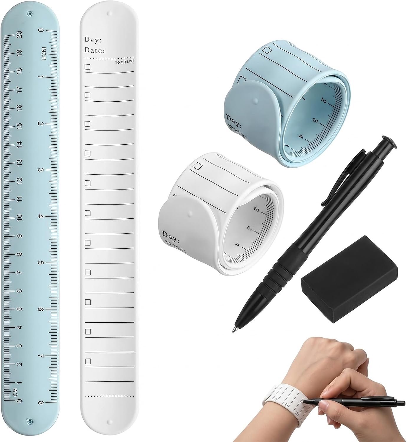 Set van 2 herinneringsarmbanden van siliconen met pen en rubber, beschrijfbaar, 238 x 30 mm, memo-armband voor to-do-lijst voor verpleegkundigen en studenten, blauw en wit