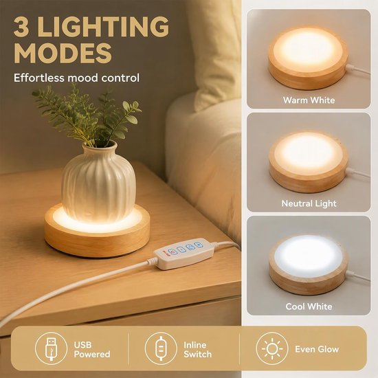 4 stuks LED onderzetters sokkel van hout: 10 cm 3 kleuren LED-lichtbasis, ronde dimbare houten led-lichtsokkel voor 3D kristalglas hars acryl kunst — afbeelding 2