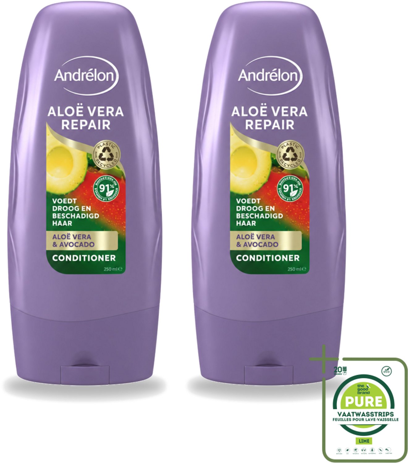 2 x Andrélon - Aloe Vera Repair - Conditioner - Verzachtend & Herstellend - 250 ml - Grootverpakking - Vaatwasstrips - Haarherstel - Haarverzorging - Droog Haar - Beschadigd Haar - Aloe Vera
