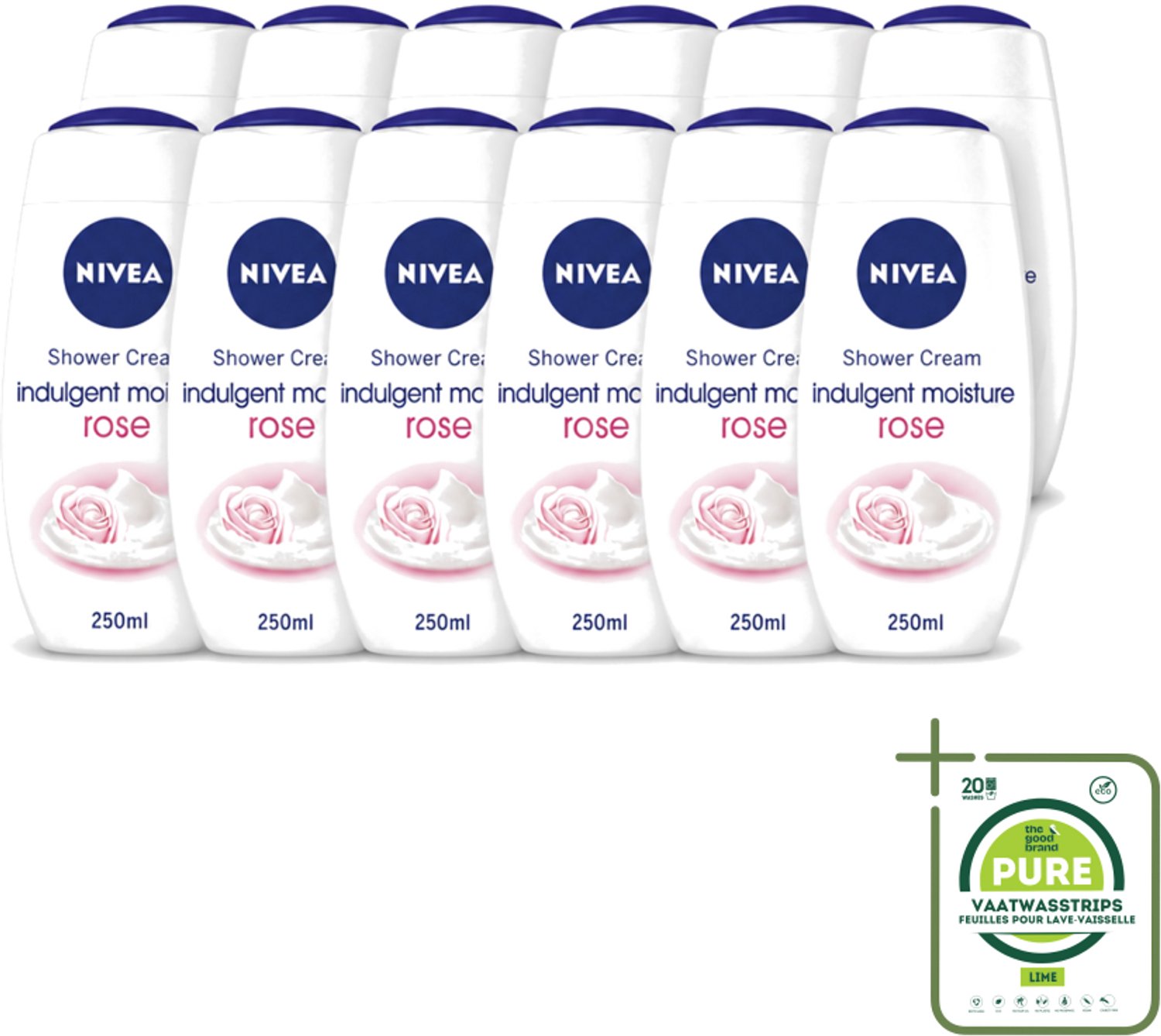 12 x Nivea - Shower Indulgent Moisture Rose Douchecrème - 250 ml - Grootverpakking - Vaatwasstrips - Douchecrème - Hydraterende Douchecrème - Amandelmelk - Rozengeur - Zachte Huid
