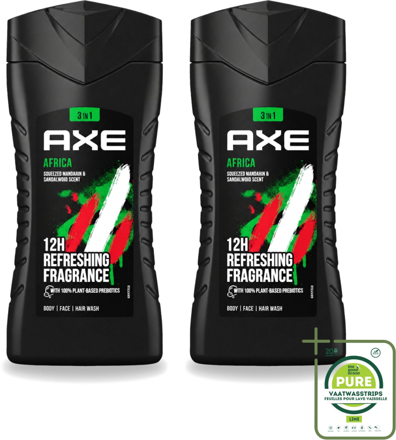 2 x Axe - 3-in-1 Douchegel - Africa - Squeezed Mandarin & Sandalwood - 100% Plantaardig - 250 ml - Grootverpakking - Vaatwasstrips - Douchegel - Axa Africa - Prebiotica - Huidverzorging - Geur