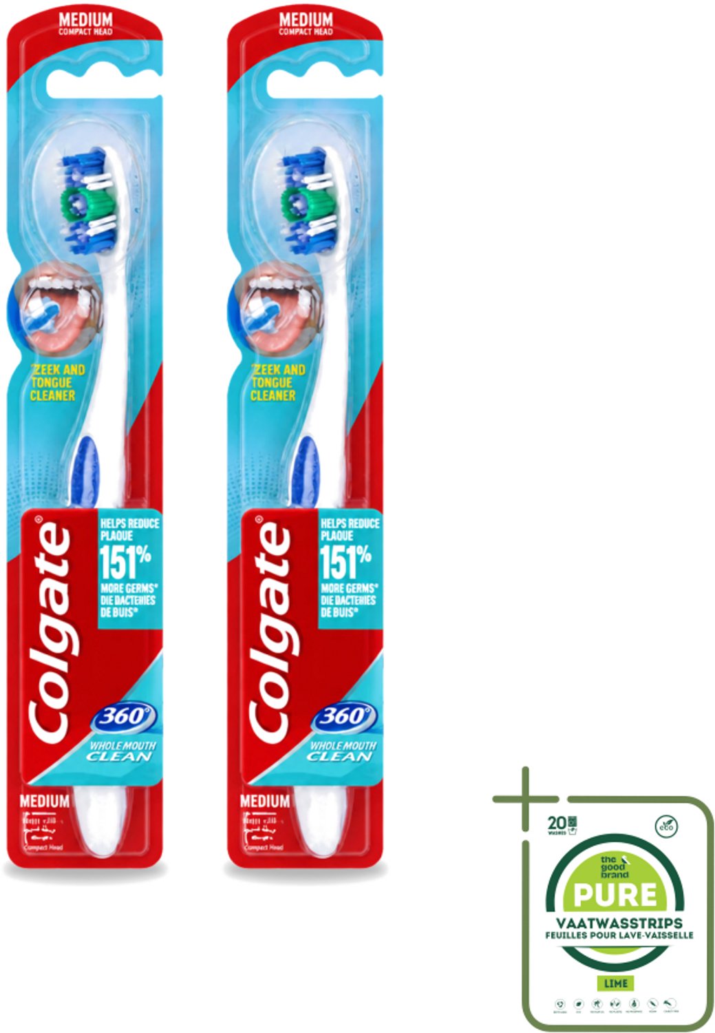 2 x Colgate - Tandenborstel - 360 Whole Mouth Clean Medium - Wit/Blauw - 1 Tandenborstel - Grootverpakking - Tandenborstel - Mondhygiëne - Tandenpoetsen - Bacteriën - Tandplak