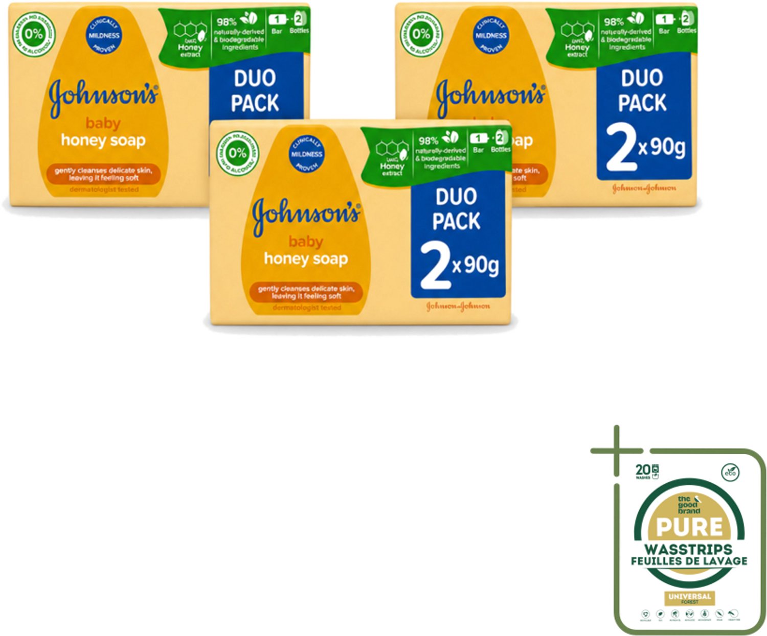 3 x Johnson's - Baby Honey Soap - Zacht - Reinigt Gevoelige Huid - 2 x 90 g - Wasstrips - Babyhuid Reinigen - Honing Zeep - Gevoelige Huid - Zachte Zeep - Dermatologisch Getest