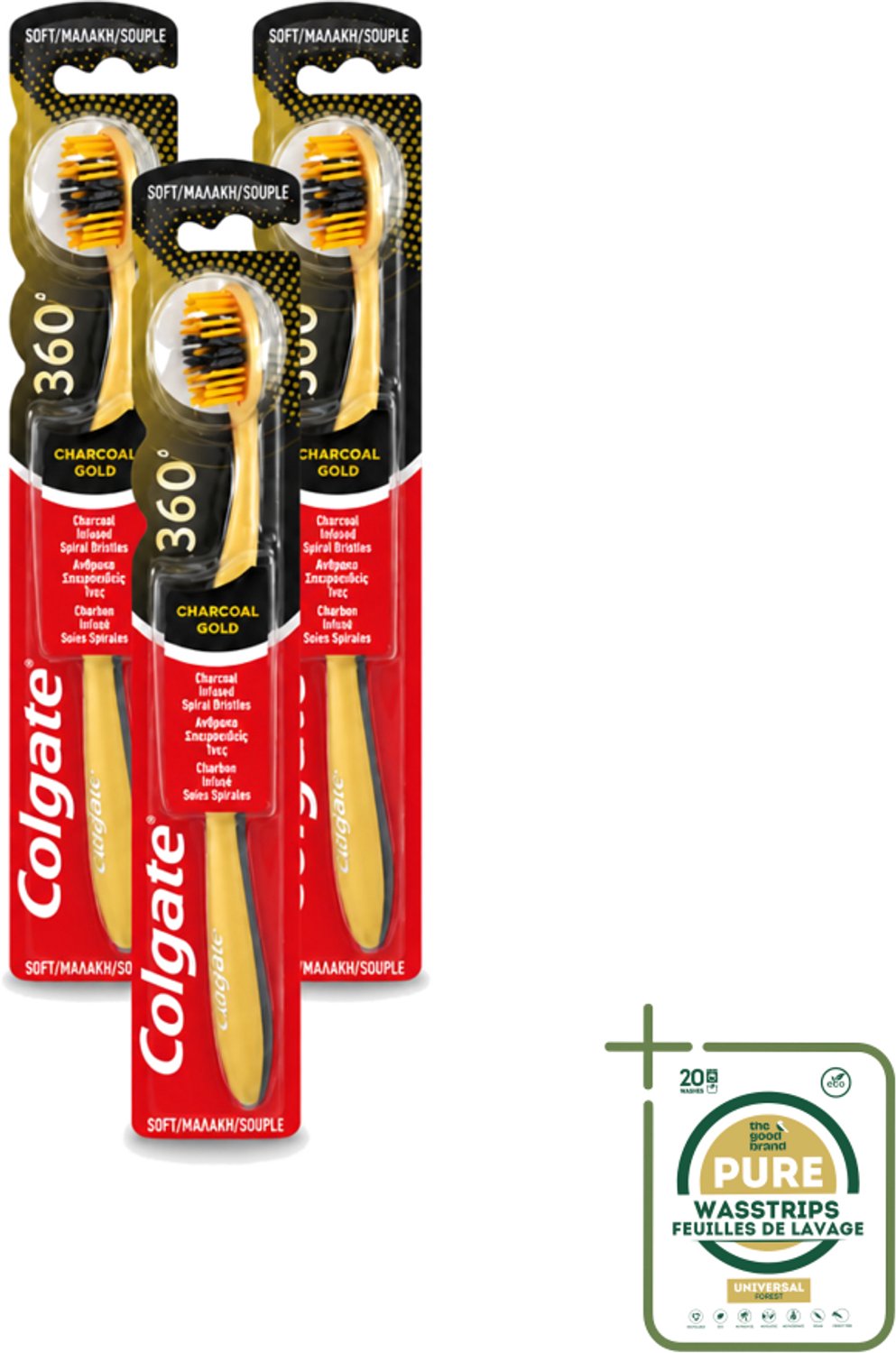 3 x Colgate - Tandenborstel - 360 Charcoal Gold Soft - Zwart/Goud - 1 Tandenborstel - Tandenborstel - Houtskool - Tanden Reinigen - Tanden Witter Maken - Tandenborstel Zacht