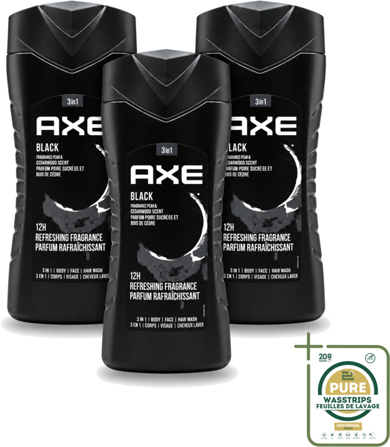3 x Axe – Douchegel – Black – Houtachtig & Fris - 250 ml - Wasstrips - Douchegel - Frisheid - Mannelijke Geur - Cederhout - Peer