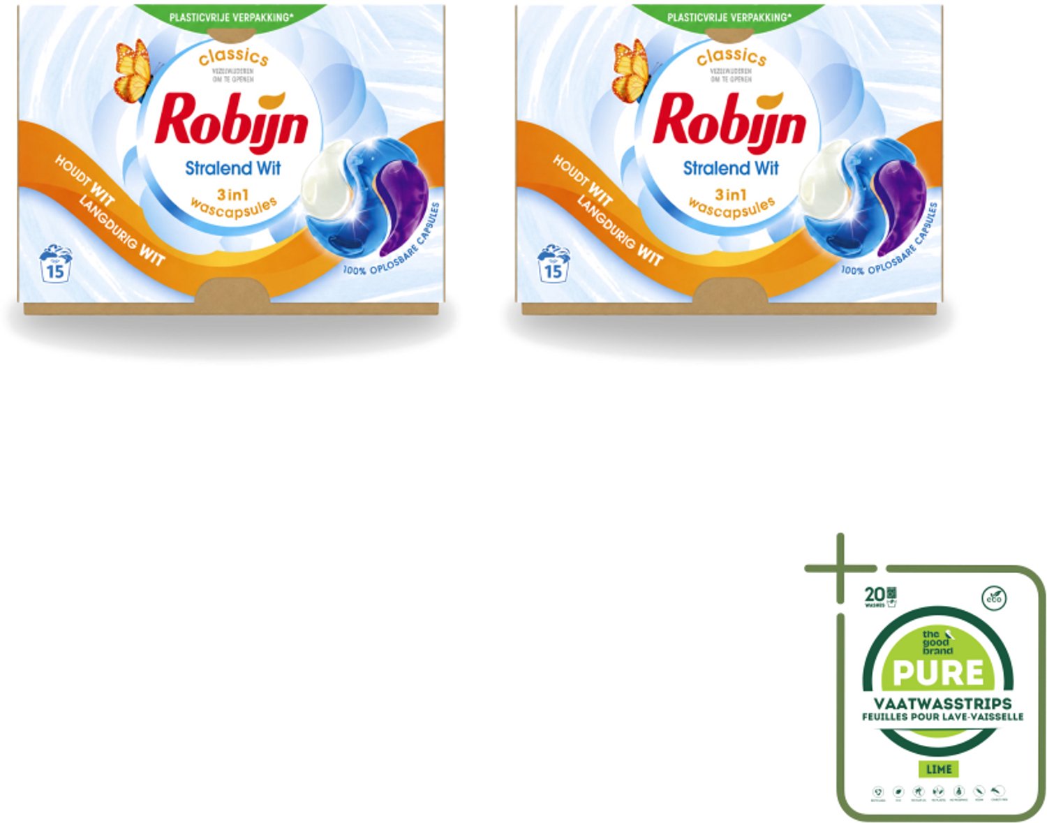 2 x Robijn – 3-in-1 Wascapsules – Stralend Wit – 15 capsules - Grootverpakking - Vaatwasstrips - Wit Was - Stralend Wit - Wascapsules - White Serum - Wasbescherming