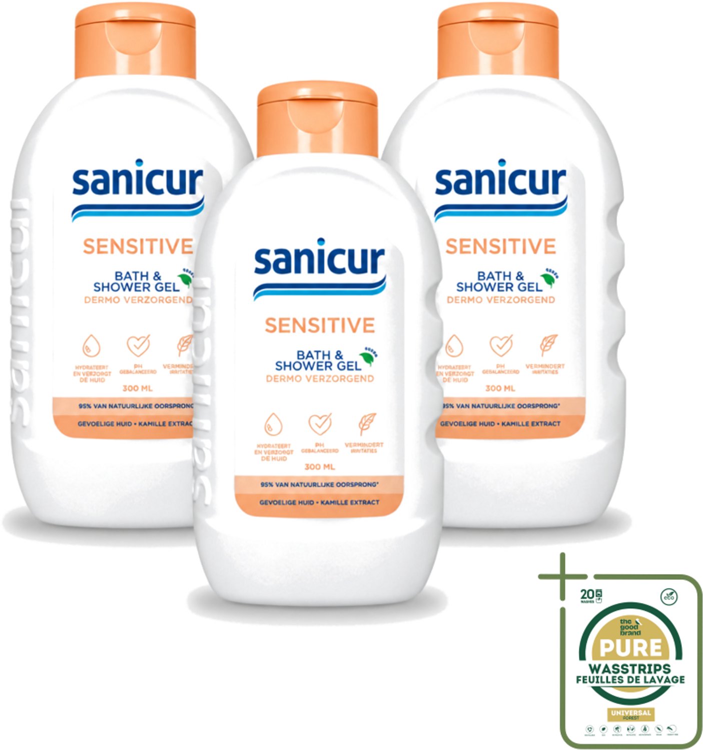 3 x Sanicur – Bad & Douchegel – Sensitive – 300 ml - Wasstrips - Gevoelige Huid - Bad En Douchegel - Milde Reiniging - Droge Huid - Kamille Extract