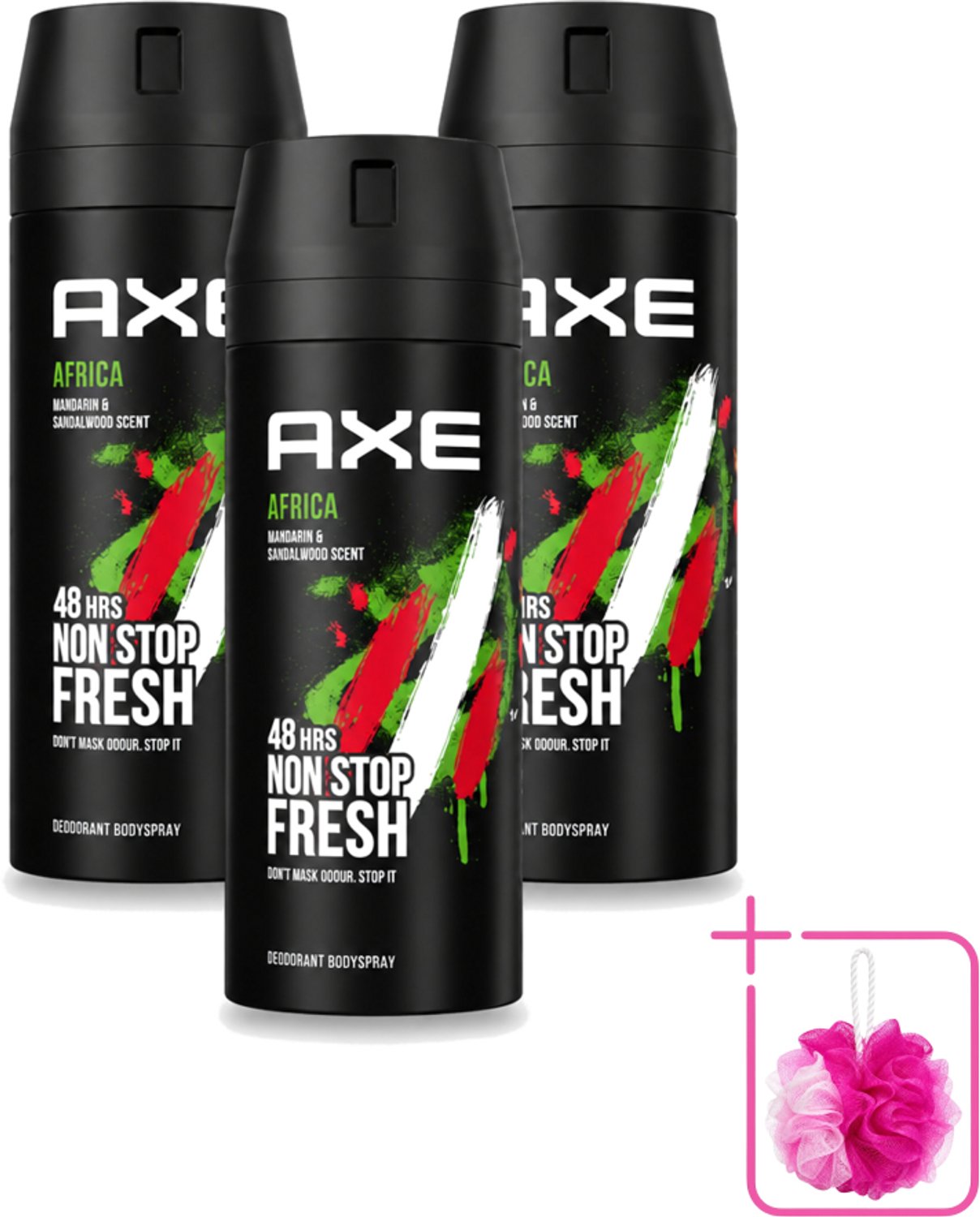 3 x Axe - Deodorant Bodyspray - 48hrs Non Stop Fresh - Africa - Mandarin & Sandalwood - 150 ml - Bulkverpakking - Deodorant sprayer - Douchemop - Geurbeheersing