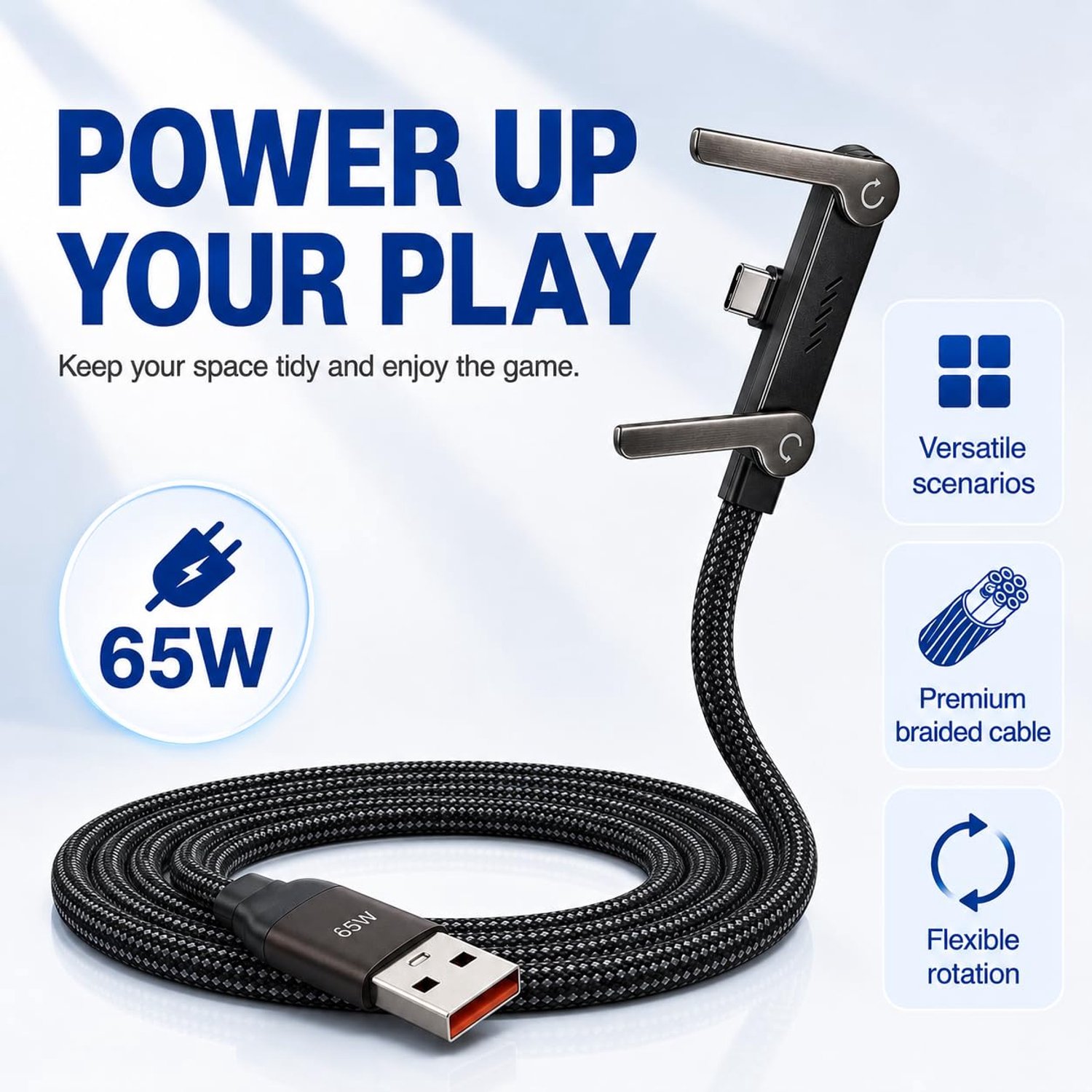 65 W 2-in-1 oplaadkabel USB A naar type C met zijhouder - ShopVlot