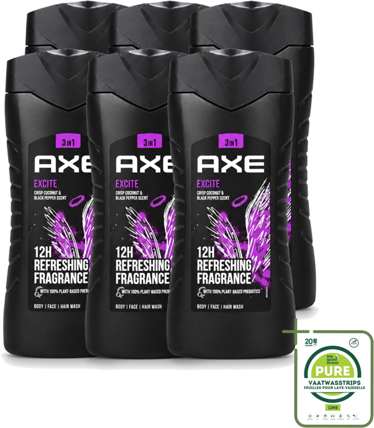 6 x Axe – Douchegel – Excite - 250 ml - Grootverpakking - Vaatwasstrips - Douchegel - Zwarte Peper - Kokosnoot - Mannelijke Geur - Fris Gevoel
