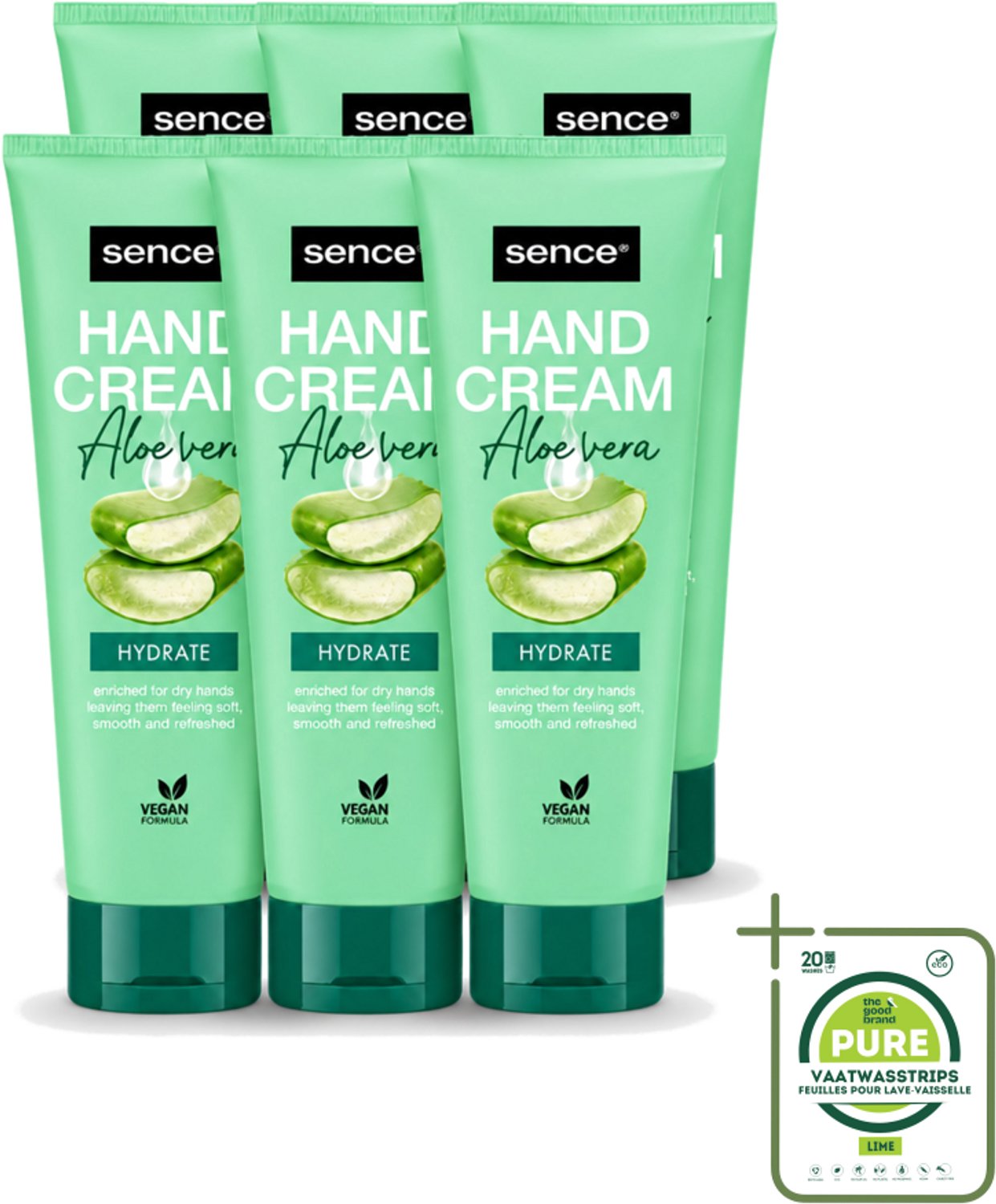 6 x Sence Beauty – Handcrème – Aloë Vera – 75 ml - Grootverpakking - Vaatwasstrips - Handcrème Aloë Vera - Handverzorging - Droge Handen - Schrale Handen - Hydraterende Handcrème