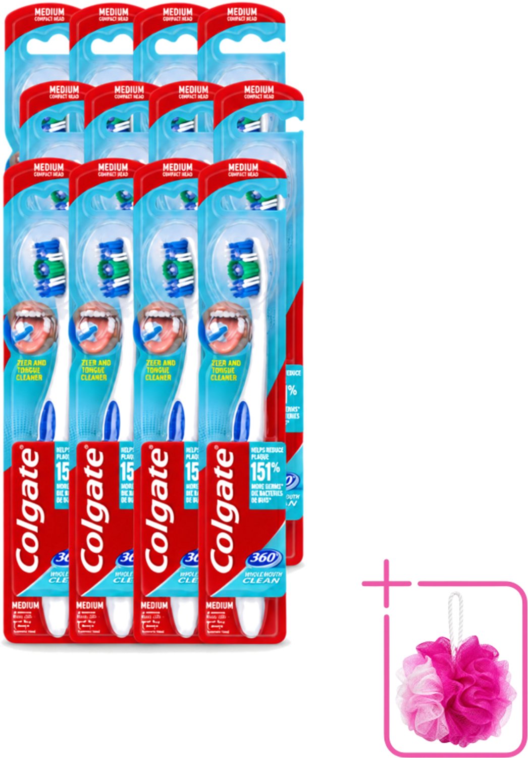 12 x Colgate - Tandenborstel - 360 Whole Mouth Clean Medium - Wit/Blauw - 1 Tandenborstel - Bulkverpakking - Tandenborstel - Douchemop - Mondhygiëne