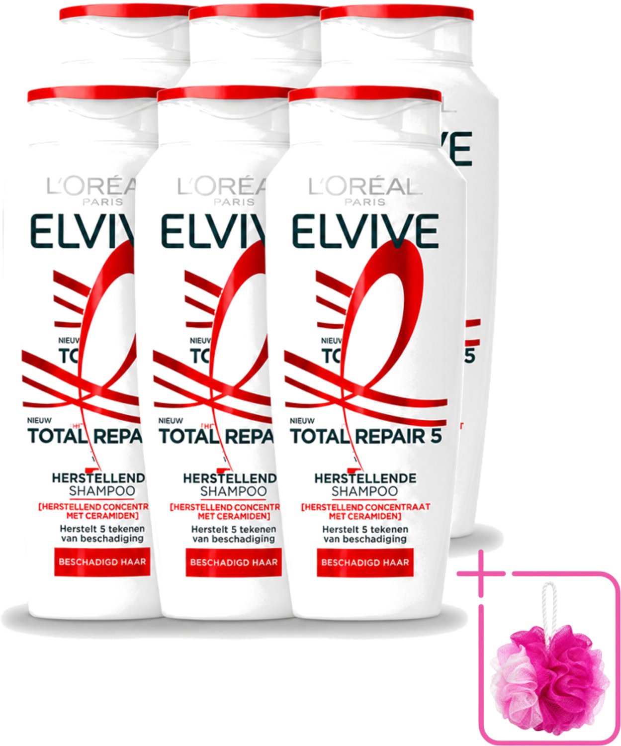 6 x L’Oréal Paris Elvive – Shampoo – Total Repair 5 – Herstellend – 250 ml - Bulkverpakking - Beschadigd haar - Douchemop - Droog haar