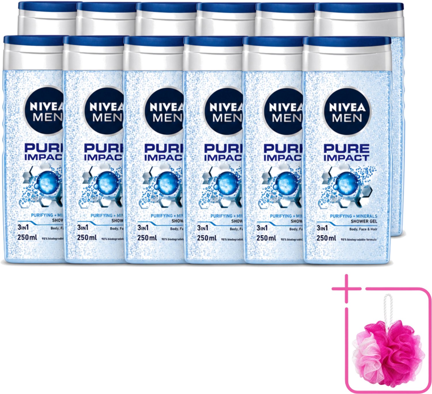 12 x Nivea Men – Douchegel – Pure Impact – 250 ml - Bulkverpakking - Douchegel - Douchemop - Reiniging