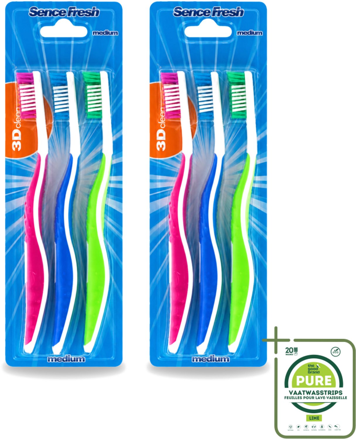 2 x Sence - Fresh 3D-Extra Clean - Tandenborstels - Medium - 3 Tandenborstels - Grootverpakking - Tandenborstel - Tandenborstels - Tandenborstel 3d - Tandenborstel Extra Clean - Tandenborstel Medium